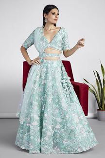 Picture of Magnificent Turquoise Blue Designer Indo-Western Lehenga Choli for Sangeet and Engagement