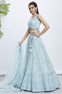 Picture of Impressive Turquoise Blue Designer Indo-Western Lehenga Choli for Engagement and Reception