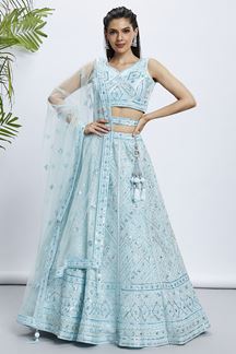 Picture of Impressive Turquoise Blue Designer Indo-Western Lehenga Choli for Engagement and Reception