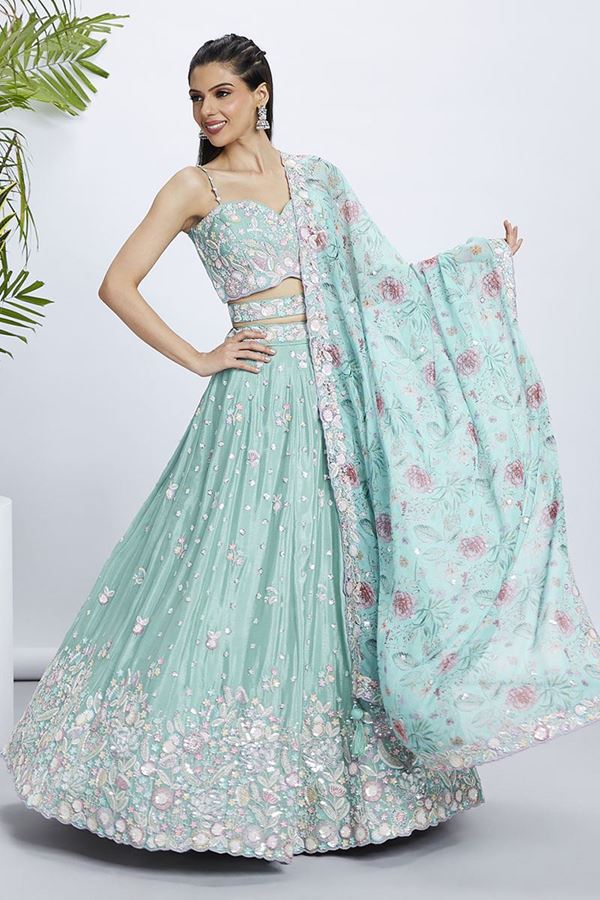 Picture of Glorious Sea Green Designer Indo-Western Lehenga Choli for Engagement and Reception