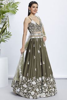 Picture of Pretty Olive Designer Indo-Western Lehenga Choli for Mehendi and Reception