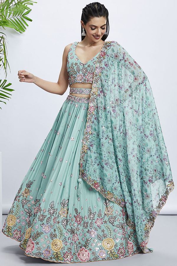 Picture of Mesmerizing Turquoise Blue Designer Indo-Western Lehenga Choli for Sangeet and Haldi