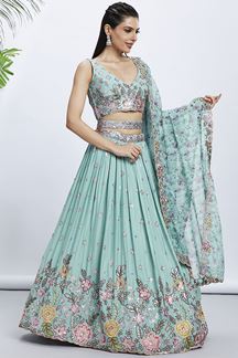 Picture of Mesmerizing Turquoise Blue Designer Indo-Western Lehenga Choli for Sangeet and Haldi