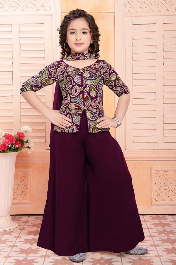 Picture of Exquisite Wine Designer Girls Sharara Suit for Wedding and Festivals 