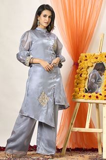 Picture of Trendy Light Blue Organza Designer Indo-Western Outfit for Party and Festivals Co-ord Set