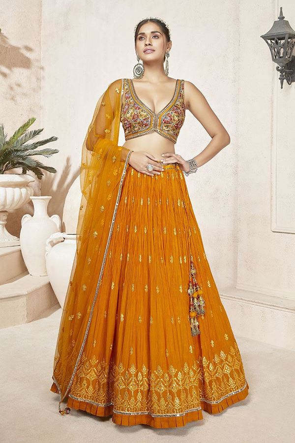 Picture of Exuberant Mustard Colored Designer Lehenga Choli