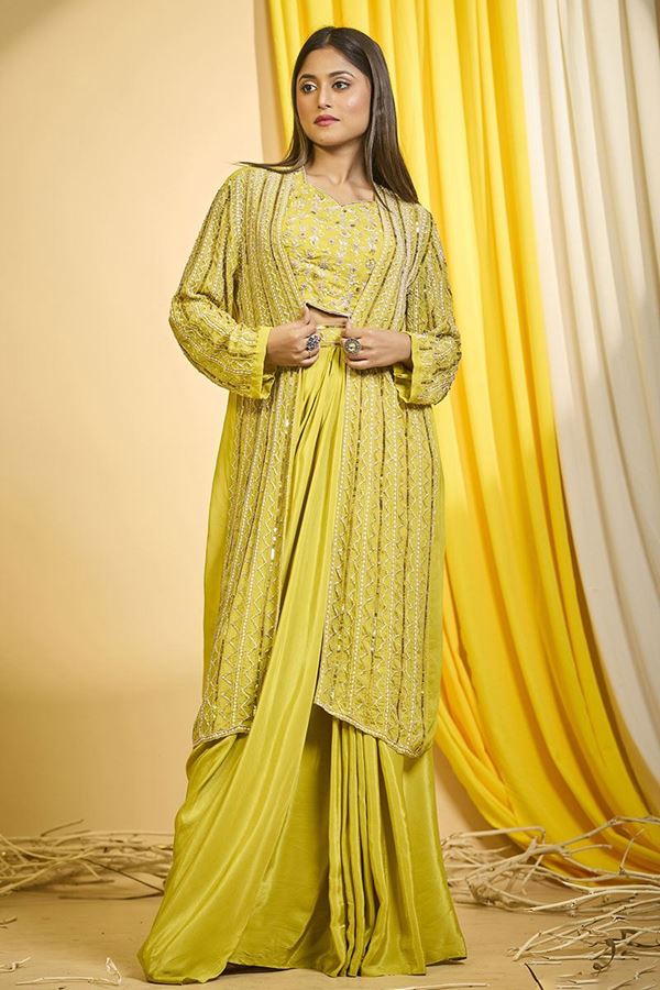 Picture of Beautiful Yellow Designer Indo-Western Outfit for Party and Haldi