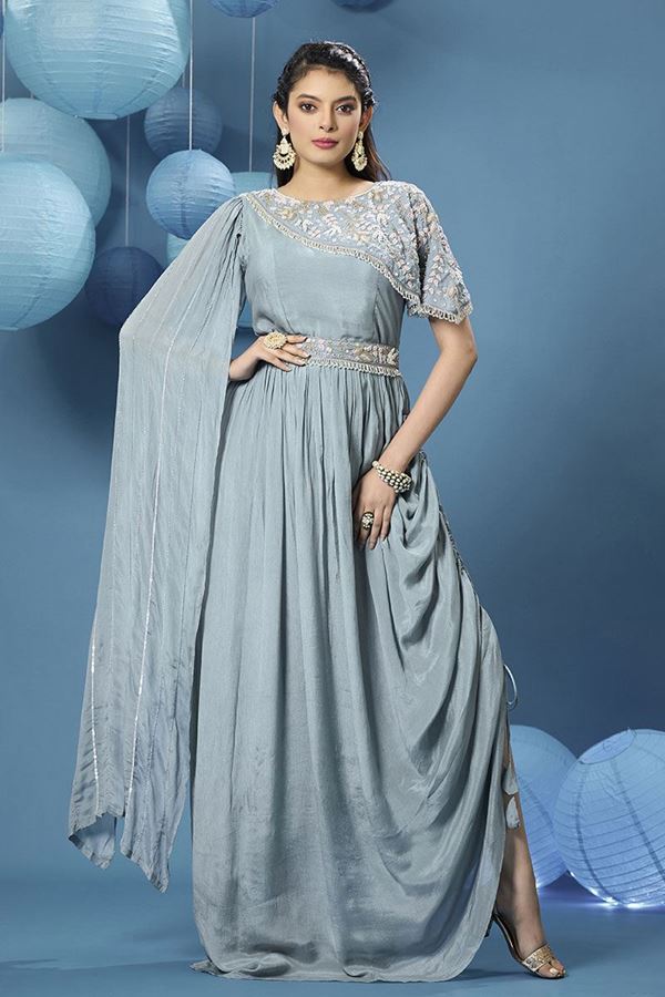 Picture of Irresistible Light Blue Designer Indo-Western Outfit for Party and Sangeet