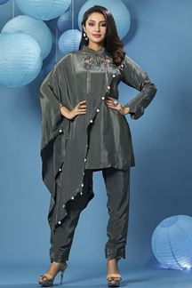 Picture of Dazzling Dark Grey Designer Indowestern Suit for a Party