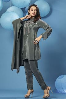 Picture of Dazzling Dark Grey Designer Indowestern Suit for a Party