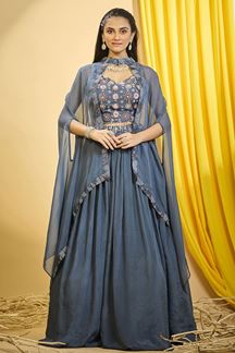 Picture of Magnificent Blue Designer Indo-Western Lehenga Choli for Party and Engagement