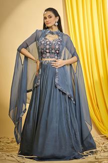 Picture of Magnificent Blue Designer Indo-Western Lehenga Choli for Party and Engagement