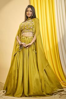 Picture of Dazzling Mustard Designer Indo-Western Lehenga Choli for Party and Haldi