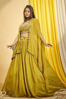 Picture of Dazzling Mustard Designer Indo-Western Lehenga Choli for Party and Haldi