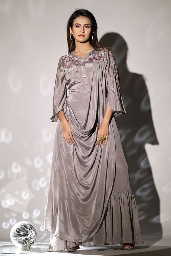 Picture of Astounding Grey Georgette Designer Gown for Party and Engagement