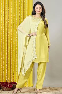 Picture of Attractive Yellow Designer Indowestern Suit for a Party and Haldi