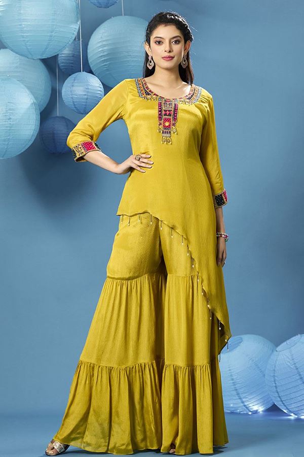 Picture of Irresistible Yellow Designer Gharara Suit for Party and Haldi