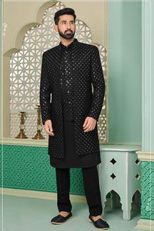 Picture of Dashing Black Designer Indo-Western Sherwani for Party and Sangeet