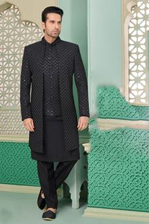 Picture of Charismatic Black Designer Indo-Western Sherwani for Party and Sangeet 
