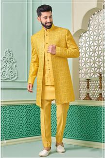 Picture of Spectacular Yellow Designer Indo-Western Sherwani for Haldi and Wedding 