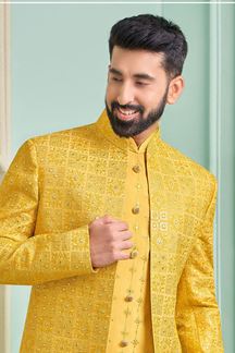 Picture of Spectacular Yellow Designer Indo-Western Sherwani for Haldi and Wedding 