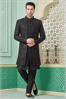 Picture of Splendid Black Designer Indo-Western Sherwani for Party and Sangeet