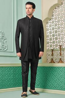 Picture of Royal Black Designer Indo-Western Sherwani for Sangeet and Engagement