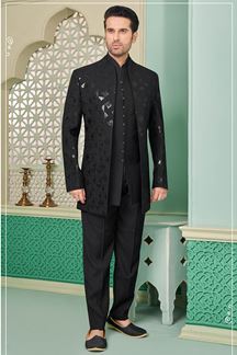 Picture of Vibrant Black Designer Indo-Western Sherwani for Sangeet and Reception 