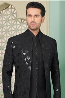 Picture of Vibrant Black Designer Indo-Western Sherwani for Sangeet and Reception 