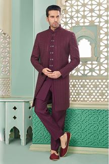 Picture of Impressive Wine Designer Indo-Western Sherwani for Sangeet and Engagement