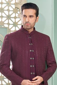 Picture of Impressive Wine Designer Indo-Western Sherwani for Sangeet and Engagement