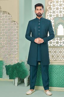Picture of Delightful Rama Blue Designer Indo-Western Sherwani for Sangeet and Engagement