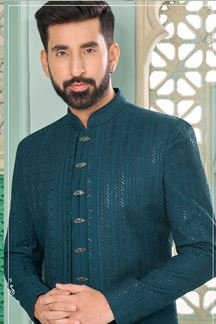 Picture of Delightful Rama Blue Designer Indo-Western Sherwani for Sangeet and Engagement