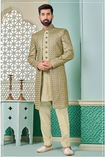 Picture of Artistic Mehendi Green Designer Indo-Western Sherwani for Sangeet and Wedding 