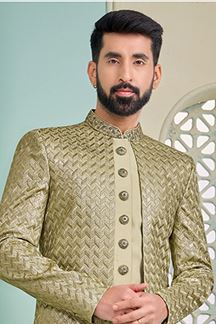 Picture of Artistic Mehendi Green Designer Indo-Western Sherwani for Sangeet and Wedding 