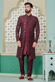 Picture of Aesthetic Dark Maroon Designer Indo-Western Sherwani for Sangeet and Engagement