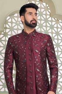Picture of Aesthetic Dark Maroon Designer Indo-Western Sherwani for Sangeet and Engagement