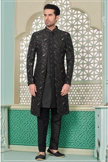 Picture of Exquisite Black Designer Indo-Western Sherwani for Sangeet and Engagement