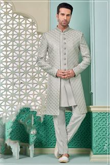 Picture of Charming Grey Designer Indo-Western Sherwani for Engagement and Wedding 