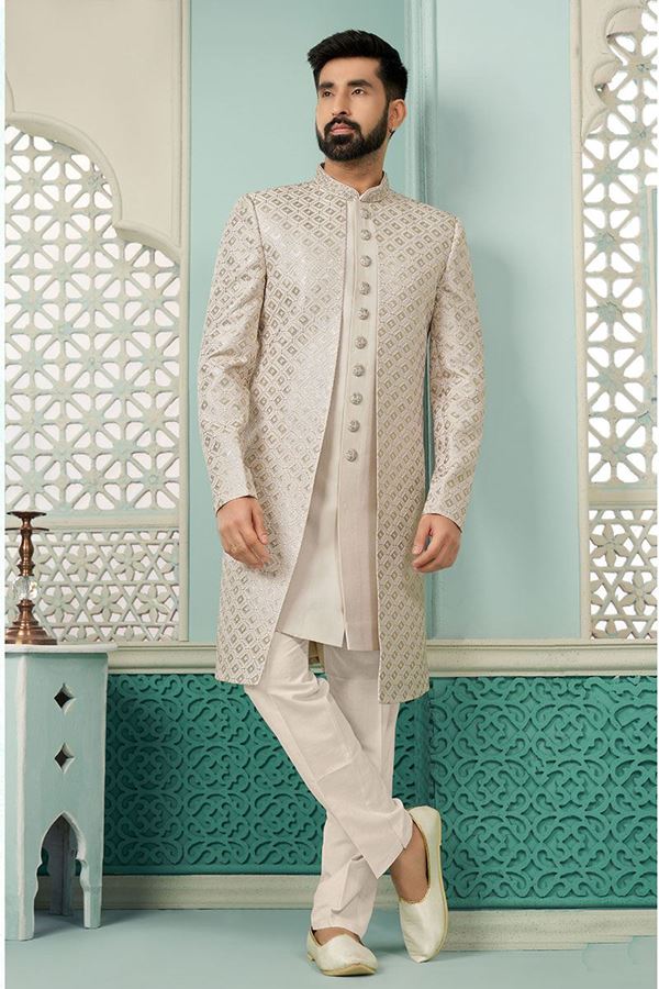 Picture of Exuberant Light Onion Designer Indo-Western Sherwani for Engagement and Wedding