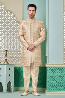 Picture of Classy Light Gold Designer Indo-Western Sherwani for Engagement and Wedding
