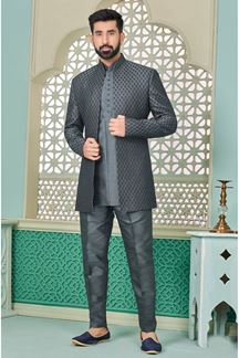 Picture of Magnificent Grey Designer Indo-Western Bandhgala for Party