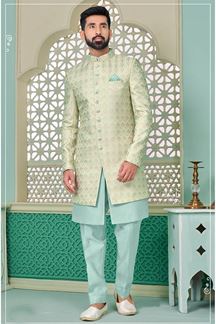Picture of Fancy Sky Blue Designer Indo-Western Sherwani for Engagement and Wedding