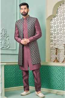 Picture of Elegant Wine Designer Indo-Western Sherwani for Sangeet and Engagament