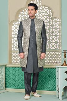 Picture of Attractive Grey Designer Indo-Western Sherwani for Engagement and Sangeet 