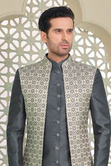 Picture of Attractive Grey Designer Indo-Western Sherwani for Engagement and Sangeet 