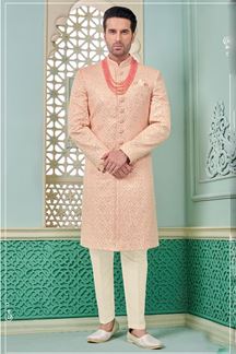 Picture of Spectacular Peach Designer Indo-Western Sherwani for Engagement and Wedding