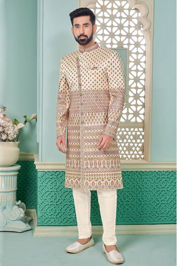Picture of Royal Light Peach Designer Indo-Western Sherwani for Engagement and Wedding