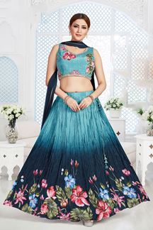 Picture of Magnificent Blue Floral Printed esigner Indo-Western Lehenga Choli for Party and Festive wear