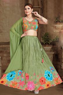 Picture of Flawless Green Floral Printed Designer Indo-Western Lehenga Choli for Party and Mehendi